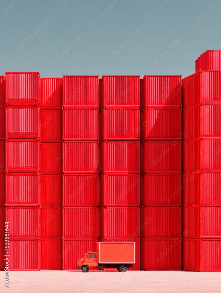 Poster industrial port shipping containers in bold red with delivery truck for scale representing export po