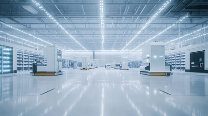 Modern Automated Warehouse with Robotic Stations and Shelving Units