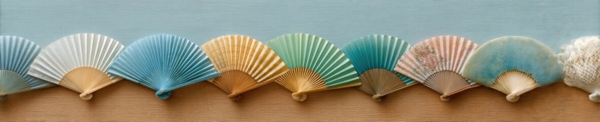 Traditional Japanese Folding Hand Fans Collection on Wooden Surface Showcasing Artisanal Craftsmanship and Cultural Heritage in Modern Cultural Merchandise