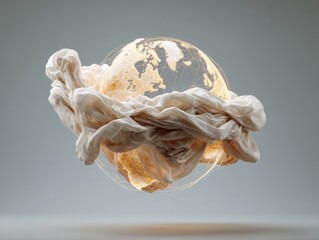 Futuristic Digital Globe with Illuminated Trade Routes Wrapped in Flowing Fabric - Tech Innovation in Global Commerce and Supply Chain Visualization