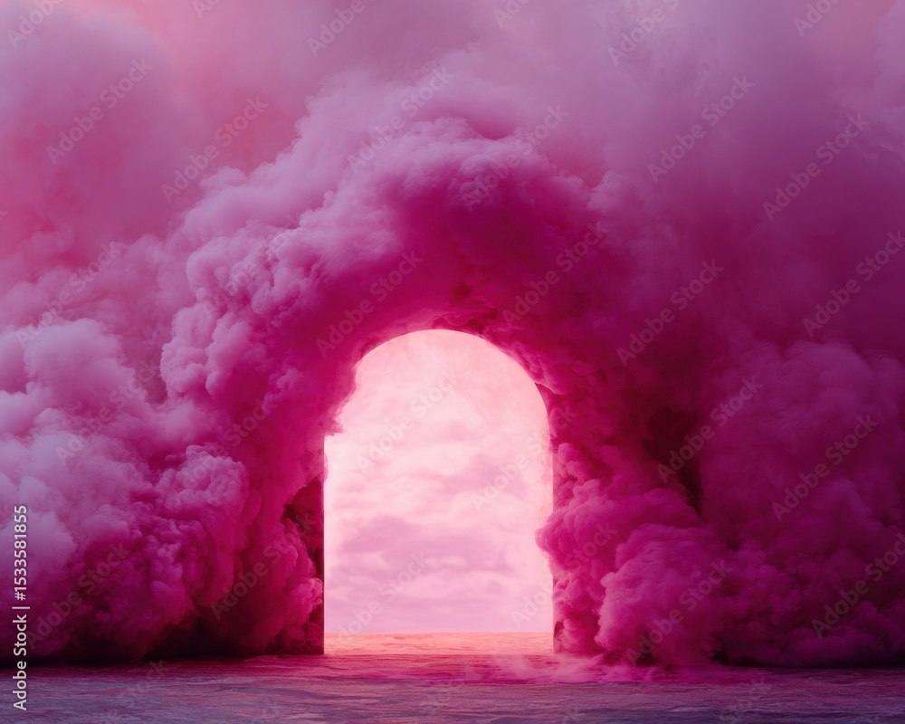 Poster vibrant archway portal framed by pink smoke clouds symbolizing transition and choice for modern conc