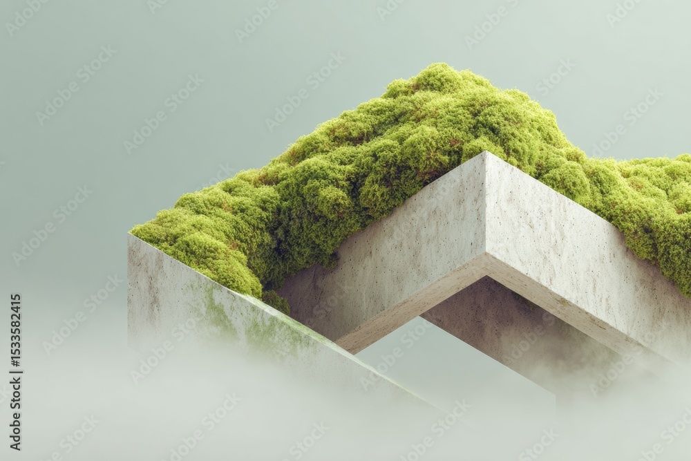 Poster modern sustainable architecture concept with moss-covered concrete structure and eco-friendly design