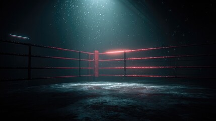 An empty boxing ring bathed in ethereal blue and red light, dust motes suspended in the air, creating a dramatic, atmospheric scene