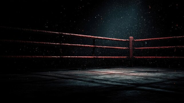 Dark boxing ring corner, red ropes, gritty floor, spotlight dust motes