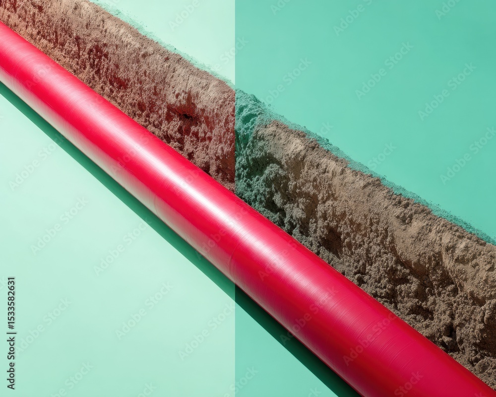 Poster urban pipeline installation in exposed trench with red utility pipe and excavated soil, showcasing m