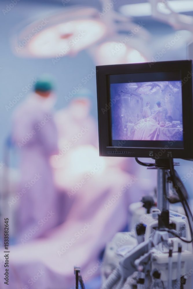 Poster high-tech colonoscopy procedure with endoscope and monitor display in modern surgical room - precisi