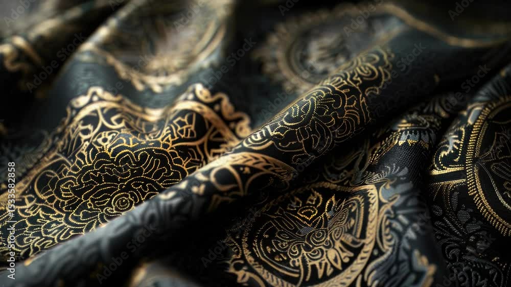 Poster close-up view of intricate black and gold patterned fabric texture