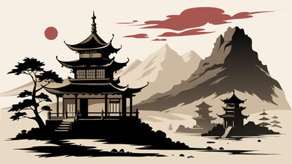Obraz premium Japanese pagoda landscape illustration with mountain silhouette and artistic sun transparency
