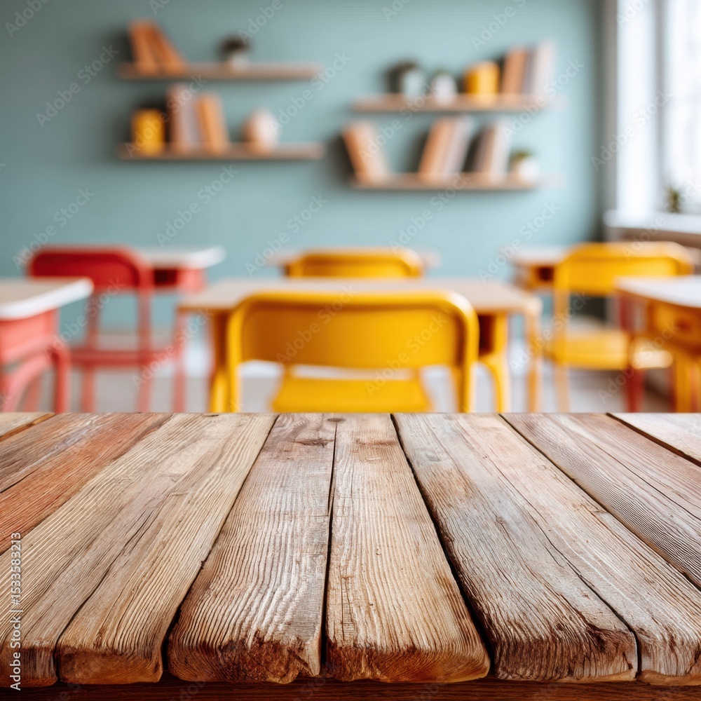 Aufkleber rustic wooden desk surface in bright modern classroom with blurred chairs and shelves - educational 
