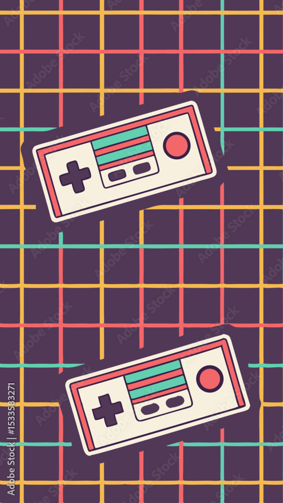 Aufkleber retro game controllers overlaid on a playful colorful grid pattern background