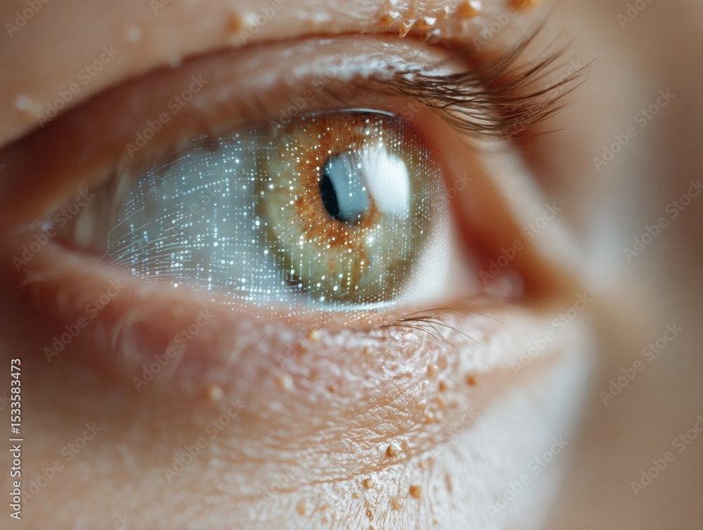 Aufkleber Extreme close-up of human eye with digital data grid overlay and glowing biometric authentication display for cybersecurity and advanced tech marketing