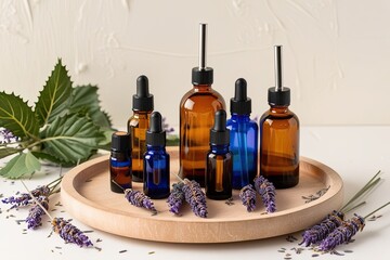 Essential Oils and Lavender on Wooden Tray