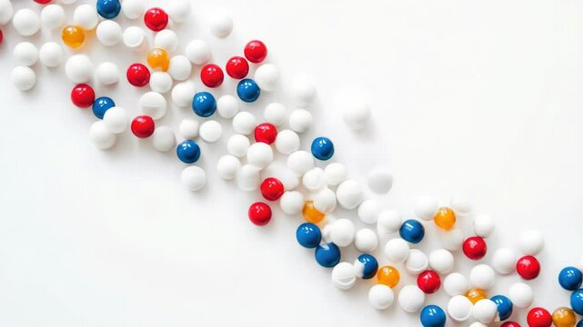 A close-up shot of a colorful candy arrangement on a white table
