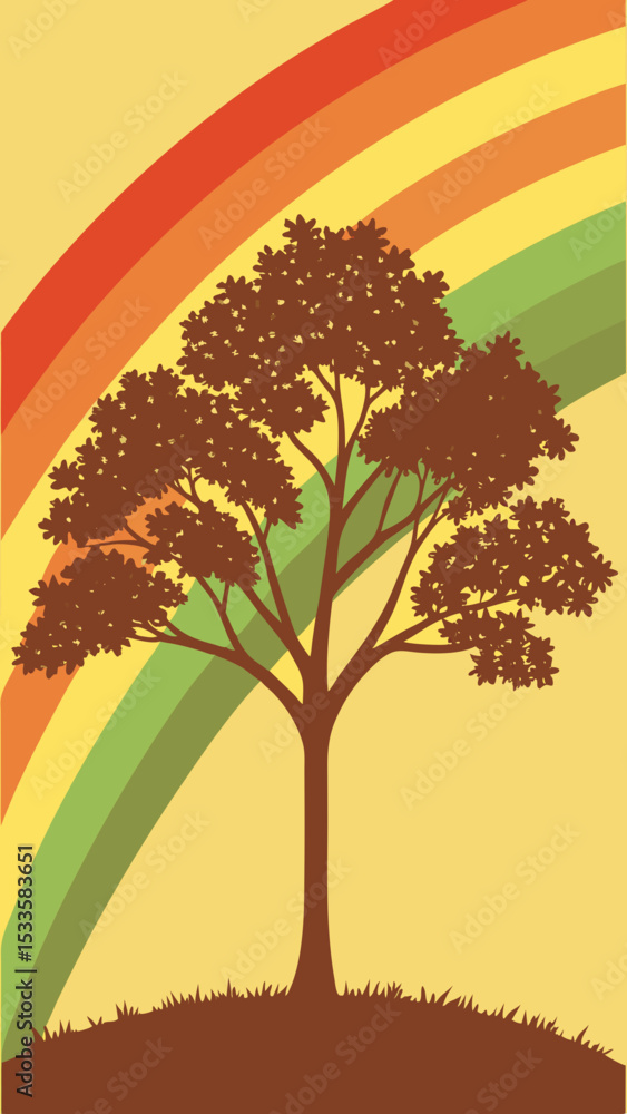 Poster silhouette of a tree and rainbow in a retro style on a white background