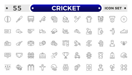 Cricket outline Icon Set. Bat, Ball, Wicket, Player & Match Vector Symbols Collection.