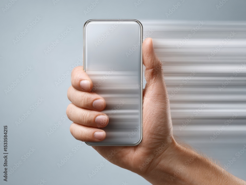 Aufkleber Dynamic motion blur smartphone held in hand with biometric thumb tap on blank screen for secure digital authentication and privacy control concept