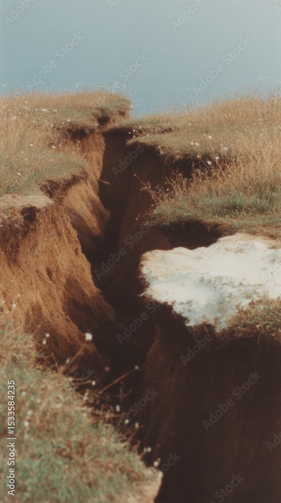 Poster seismic hazard earthquake fissures in soil with layered sediments and wild grass highlighting geolog