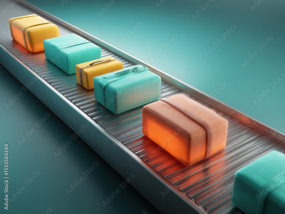 Poster modern airport security checkpoint conveyor with colorful suitcases showing efficient x-ray screenin