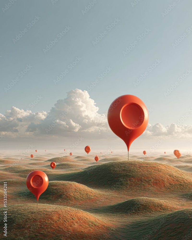 Poster futuristic rural landscape with oversized orange location pins on rolling hills under cloudy sky, sy