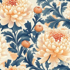 A seamless pattern with magical chrysanthemums, mesmerizing and vibrant. Art Deco meets modern luxury in this minimalist design, soft colors 