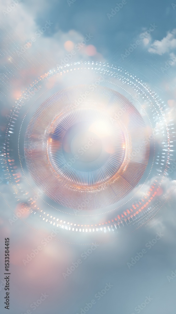 Fototapete Futuristic Quantum Computing Core with Radiating Energy and Circular Data Patterns in Cloudy Sky - Digital Tech Innovation and Computational Future