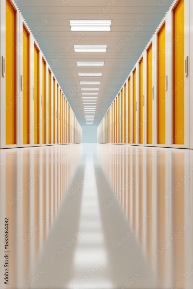 Aufkleber Futuristic Quantum Internet Server Room Corridor with Symmetrical Rack Equipment and Advanced Cooling for Secure Enterprise Data Storage and Industrial Computing