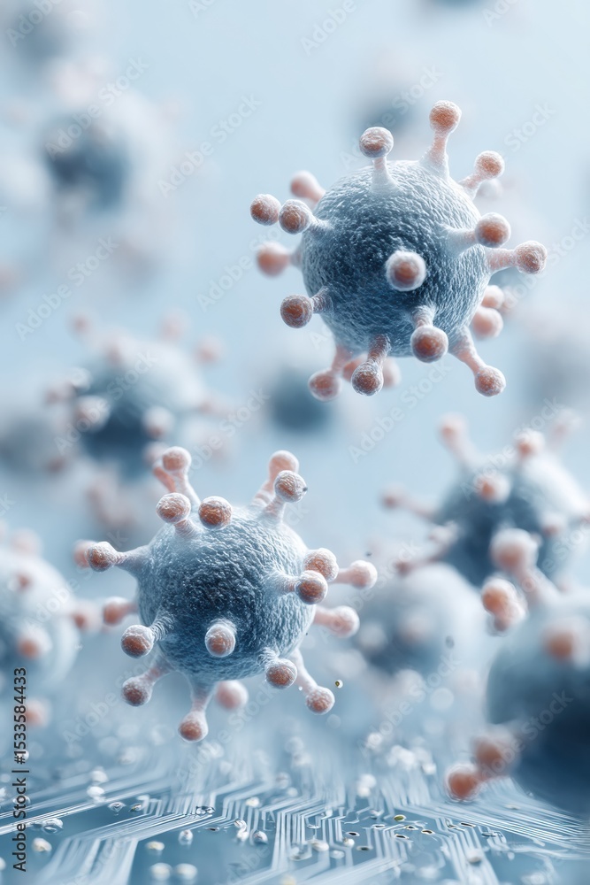 Poster Quantum virus microorganisms attacking circuit board technology with spike structures symbolizing digital threats and cybersecurity vulnerabilities