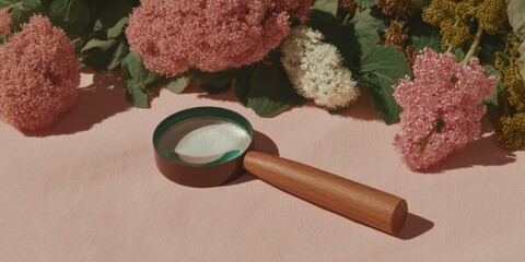Wooden Handle Magnifying Glass on Textured Surface with Floral Arrangement - Natural Language Processing and AI Technology Concept for Data Analysis