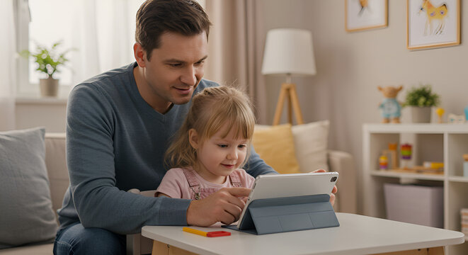 Father and daughter use tablet