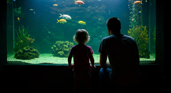 Father and daughter watch fish in aquarium
