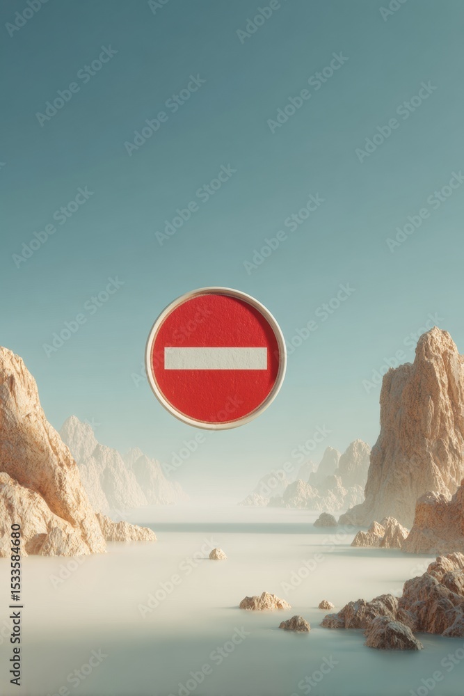 Poster modern no entry sign with solid circular border floating over misty rocky landscape for security and