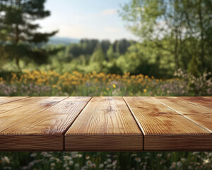 Fototapeta premium Wooden table with natural finish is set against vibrant, blurred background of sunny meadow filled with wildflowers and trees, creating serene outdoor atmosphere