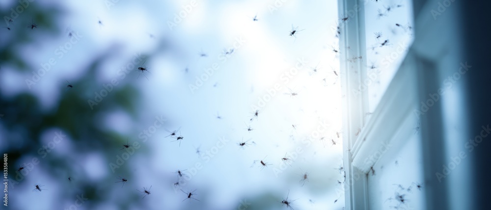 Poster Mosquito Swarm Flying Through Open Window with Sunlight Highlighting Home Vulnerability for Pest Control and Household Safety Awareness
