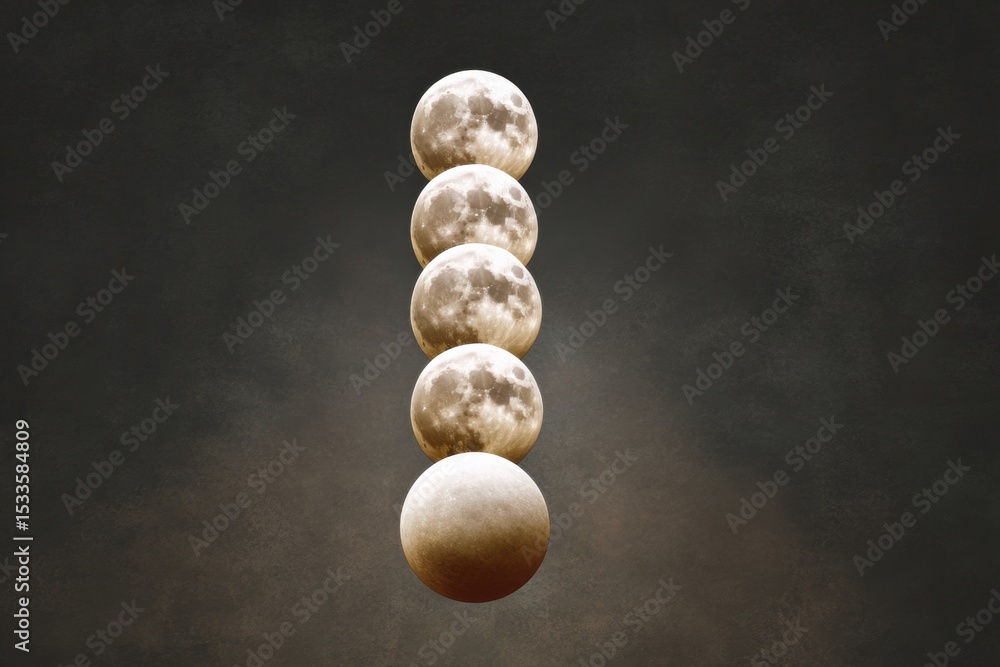 Poster vertical moonrise sequence showing lunar phases from new moon to full moon on dark background for as