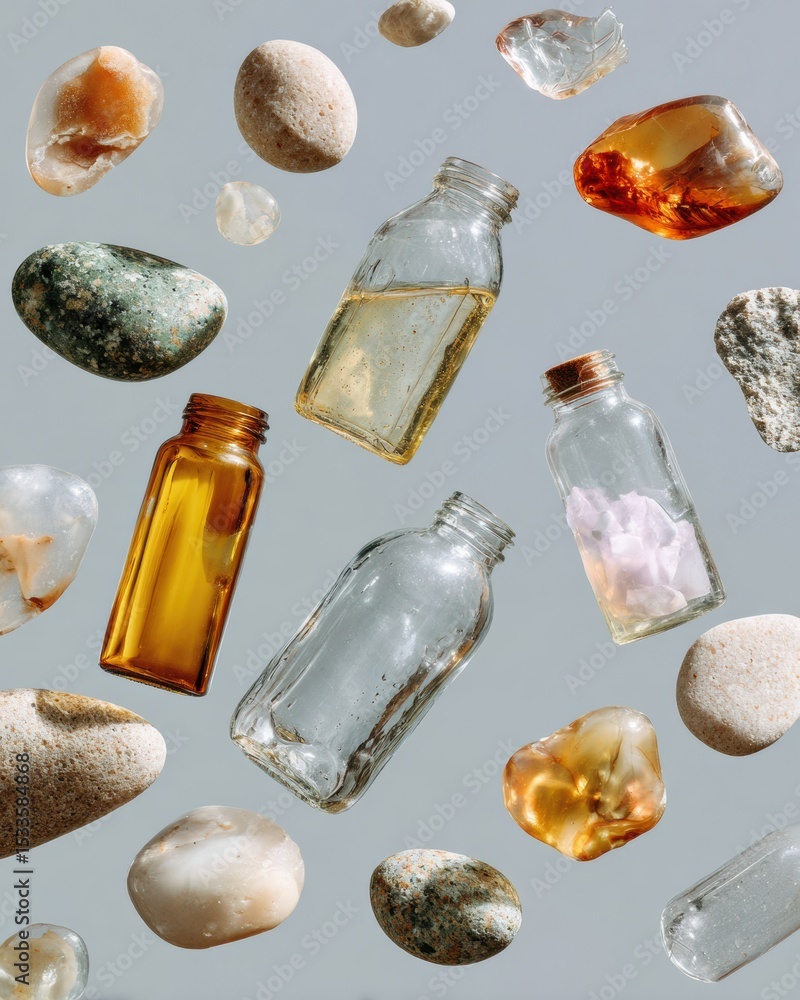 Aufkleber microplastics and plastic debris floating beneath water surface with bottles in marine environment f