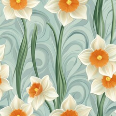A seamless pattern with magical daffodils, mesmerizing and vibrant. Art Deco meets modern luxury in this minimalist design, soft colors 
