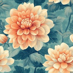 A seamless pattern with magical dahlias, mesmerizing and vibrant. Art Deco meets modern luxury in this minimalist design, soft colors