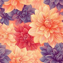 A seamless pattern with magical dahlias, mesmerizing and vibrant. Art Deco meets modern luxury in this minimalist design, soft colors 