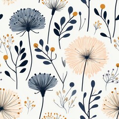 A seamless pattern with magical dandelions, mesmerizing and vibrant. Art Deco meets modern luxury in this minimalist design, soft colors 