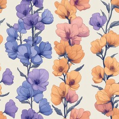 A seamless pattern with magical delphiniums, mesmerizing and vibrant. Art Deco meets modern luxury in this minimalist design, soft colors 