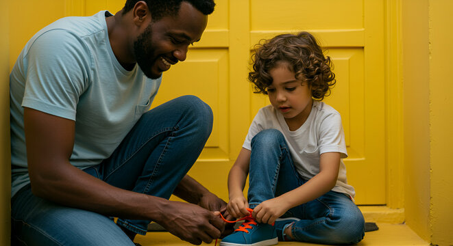 Father and son tying shoes