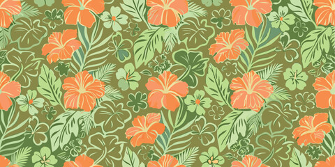 Seamless pattern of orange hibiscus flowers and green tropical leaves on a khaki color background surface