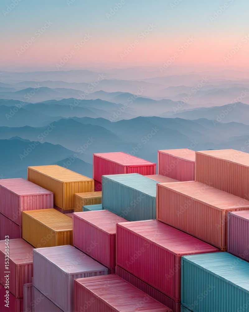 Aufkleber Colorful Export Tariff Shipping Containers in Precise Patterns with World Map Overlay Highlighting Global Trade and International Shipping Logistics