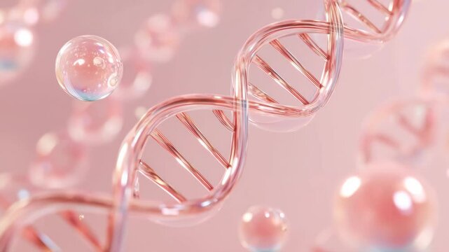 Close-up of pink transparent DNA strands floating in soft light, ideal for science, genetics, or biotech themes, science and technology innovation