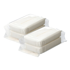 Stacked wrapped white soap bars arranged for cleanliness and hygienic practices fresh appearance isolated