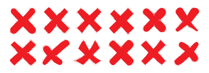 Red cross signs collection. Grunge letter X. Red cross sign. Hand drawn x marks. Set of grunge x sign. Red x symbol in circle shape. Rejection isolated sign Art & Illustration