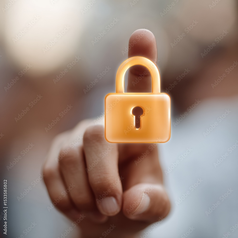 Poster Futuristic Biometric Lock Interface with Fingerprint Authentication and Holographic Padlock Icon in Modern Office for Advanced Cybersecurity Solutions