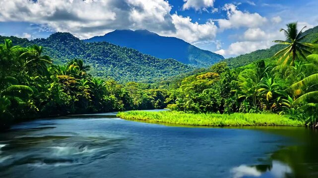 Pristine river flows through lush green jungle landscape under bright blue sky, River in green jungle forest Pristine landscape of Daintree rainforest