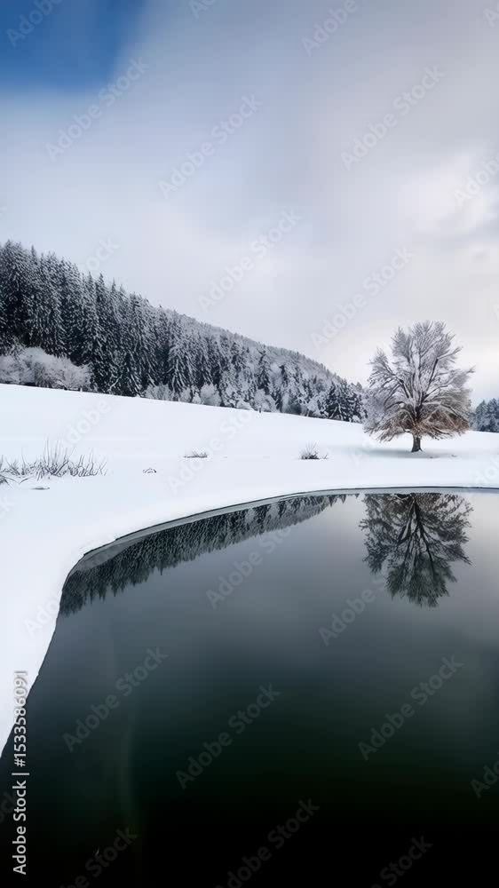 Poster serene winter landscape with a bare tree reflected in a still lake surrounded by snow covered hills 