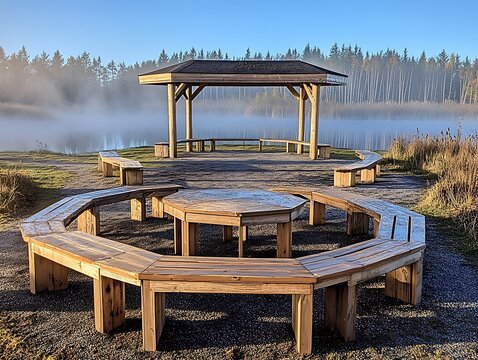 Wooden picnic area by a foggy lake - Powered by Adobe